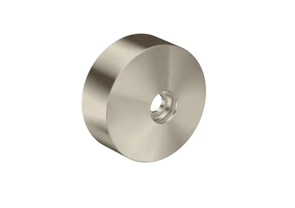 Metallene Rosette in gebürstetem Nickel-Finish, zylindrische Form mit mittigem Loch, passend für Installationen. Produkt von AXOR.